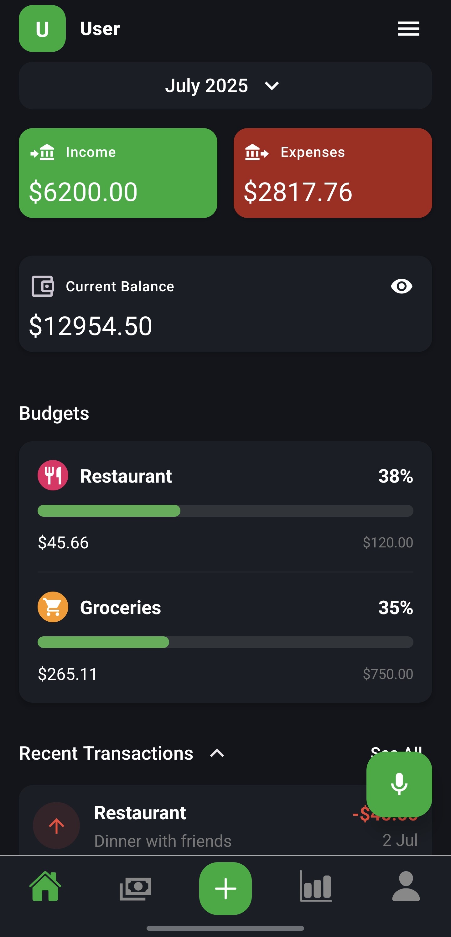Budgee app home page screenshot